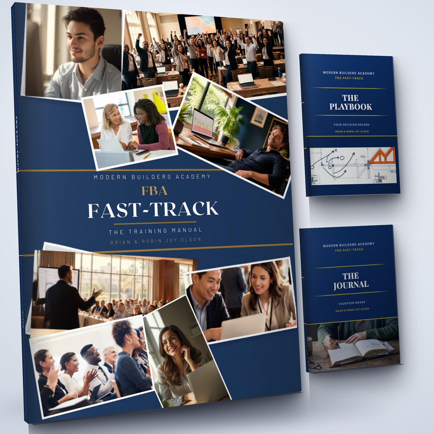 The FBA Fast Track training manual, with the Playbook and the fourteen week Journal fanned behind it