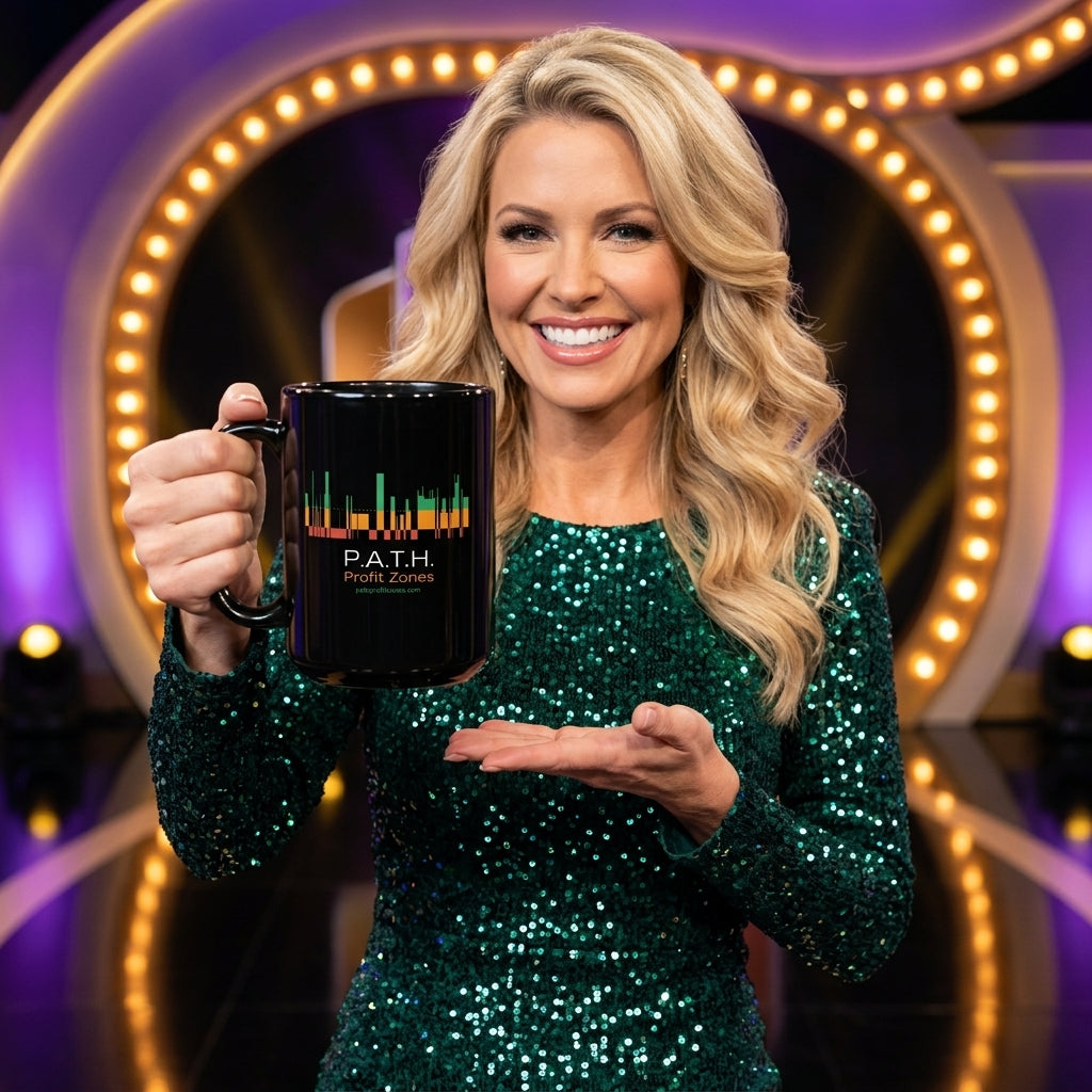 Host holding the P.A.T.H. Profit Zones 15oz mug on a game show set