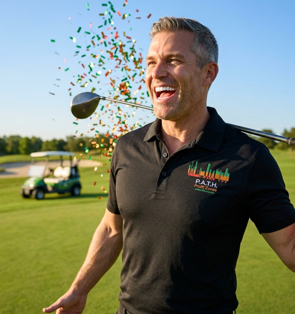 P.A.T.H. Profit Zones polo in black, worn on a golf course