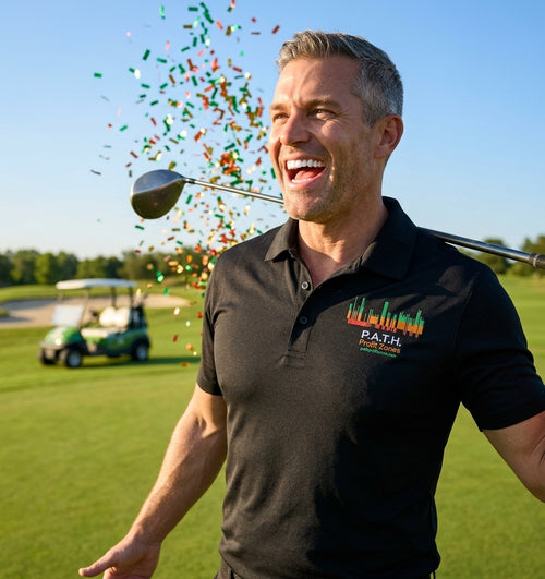 P.A.T.H. Profit Zones polo in black, worn on a golf course