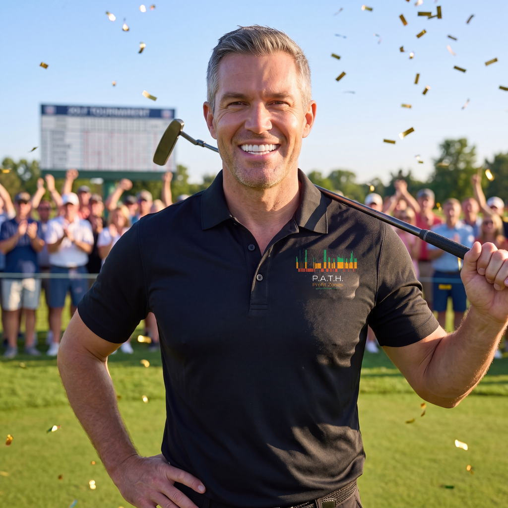 P.A.T.H. Profit Zones polo in black, worn on a golf course