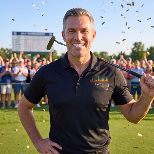 P.A.T.H. Profit Zones polo in black, worn on a golf course