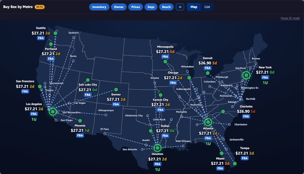 Buy Box by Metro map: regional Buy Box prices plotted across US metro markets, with inventory locations highlighted