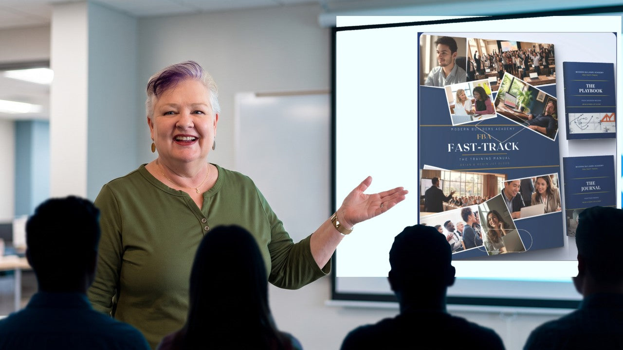Robin Joy Olson presenting to a room, the Fast Track manual, Playbook and Journal on the screen behind her