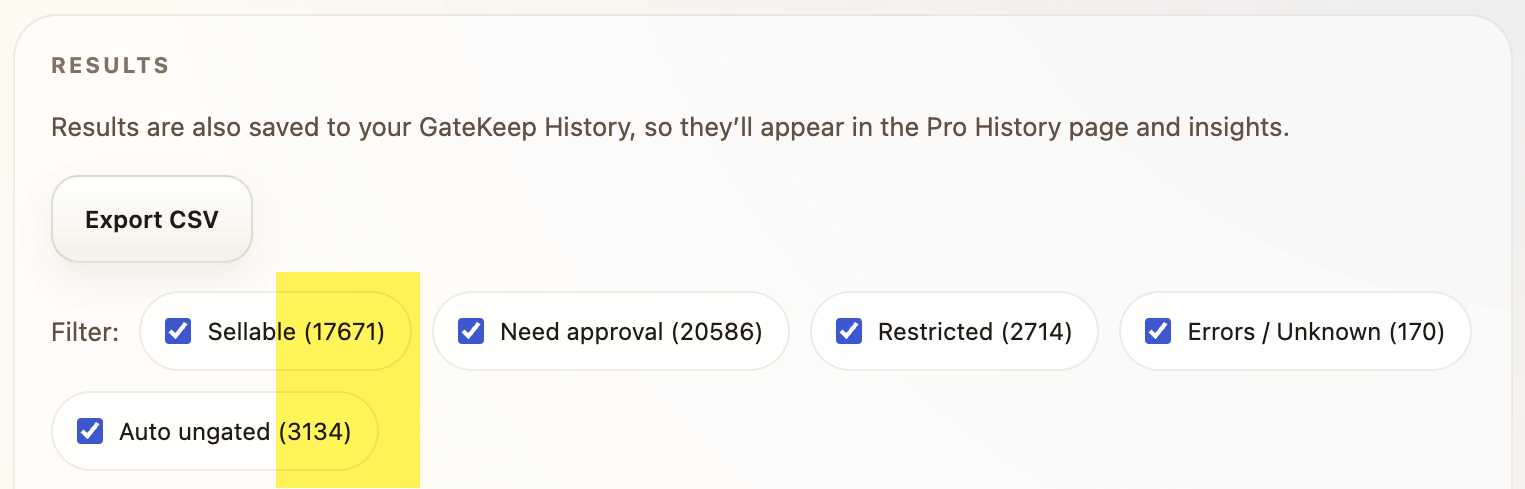 Keith B.'s GateKeep results: 17,671 sellable ASINs, 3,134 auto-ungated